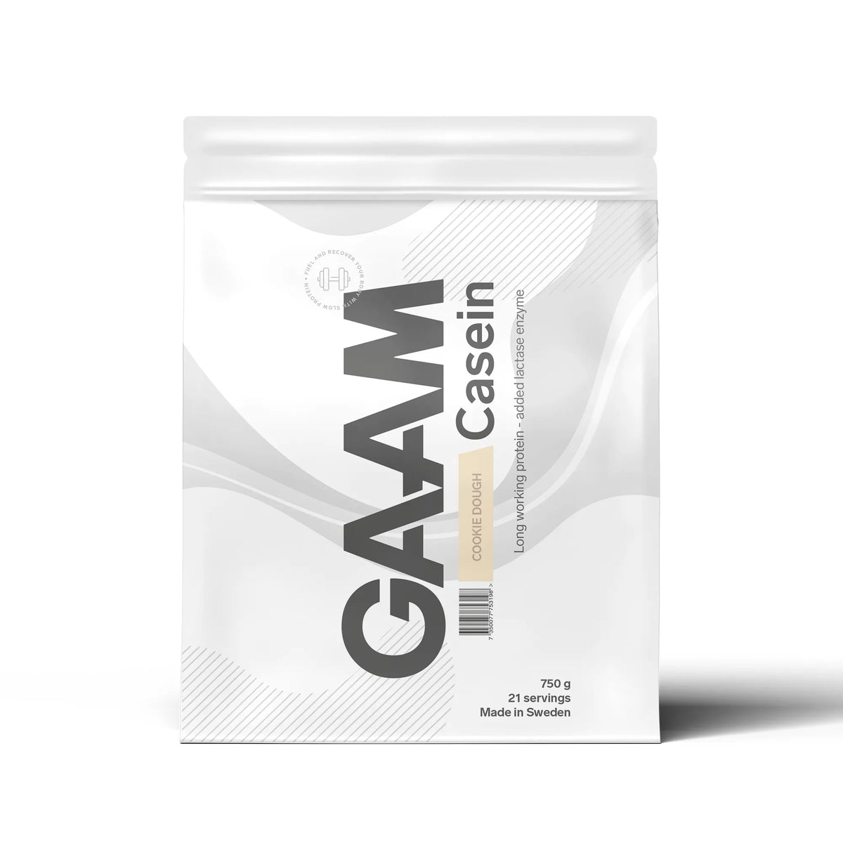 GAAM Casein 750 g kaseinprotein i en vit påse med grå detaljer för smaken Cookie Dough., bild 2 av 9