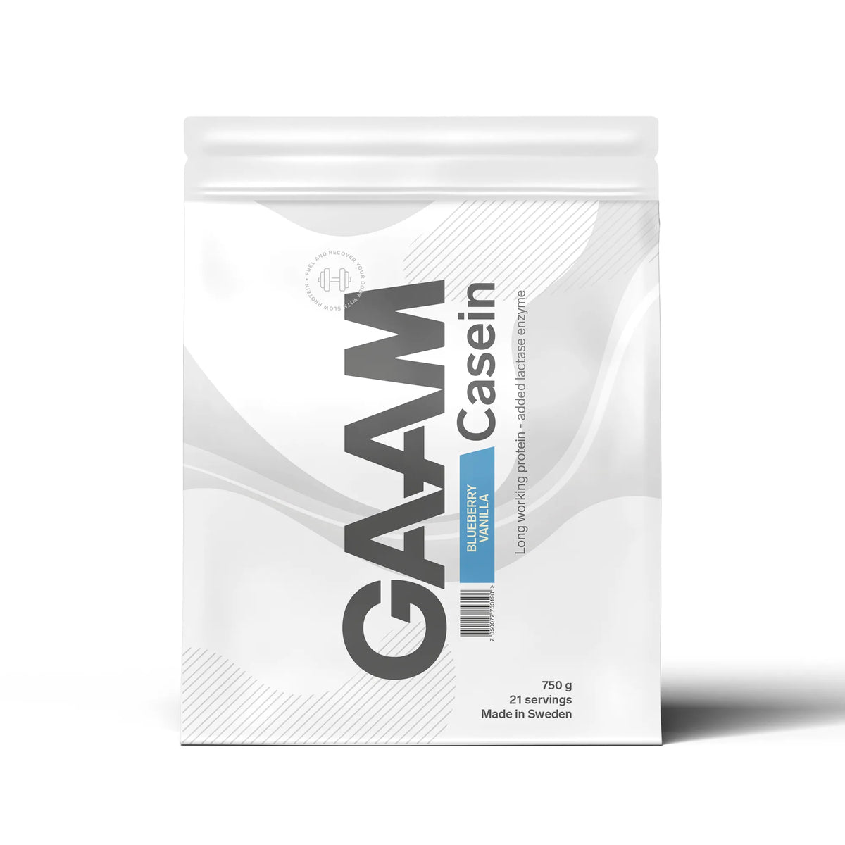 GAAM Casein 750 g kaseinprotein i en vit påse med blå detaljer för smaken Blueberry Vanilla., bild 8 av 9