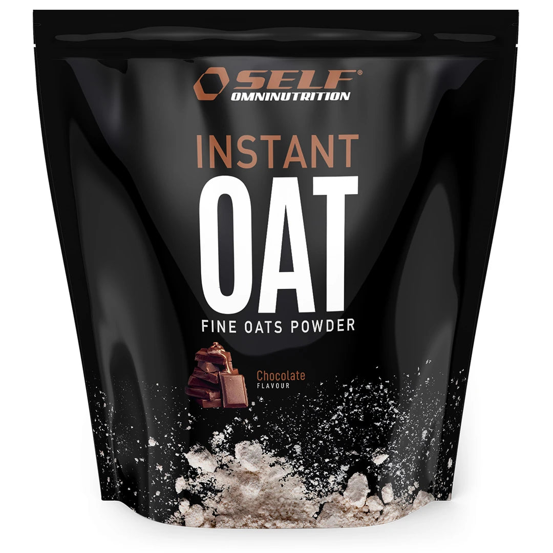 Self Omninutrition Instant Oat 1 kg finmalet havremjöl i en svart påse med illustration av chokladbitar för smaken Chocolate., bild 1 av 14