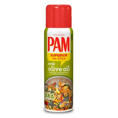 Pam Cooking Spray Olive Oil 141 g sprayolja i en vit och grön sprayflaska med rött lock., bild 1 av 1
