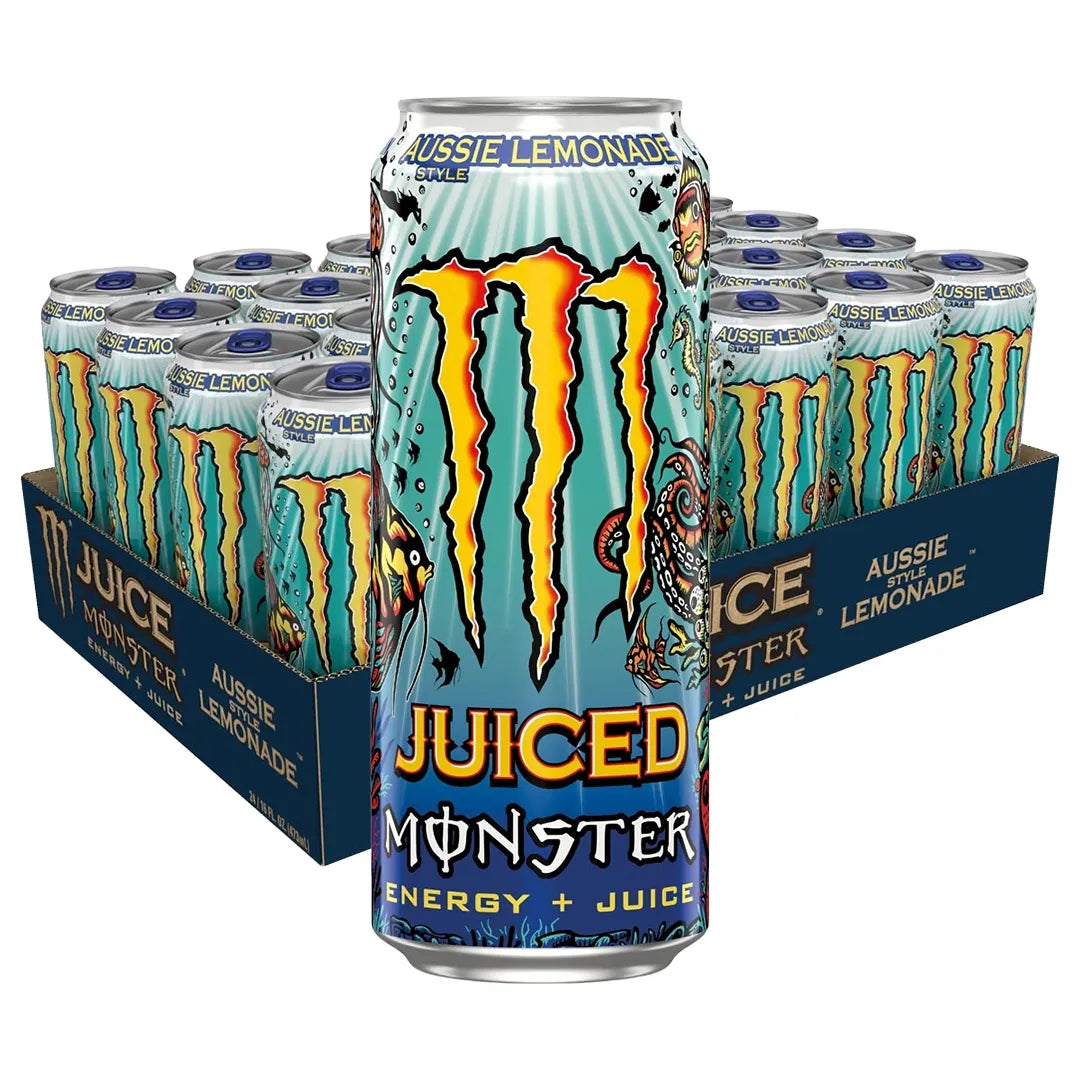 24 x Monster Energy 500 ml Aussie Lemonade i ett mörkblått flak med matchande ljusblå burkar med havsmotiv., bild 1 av 1