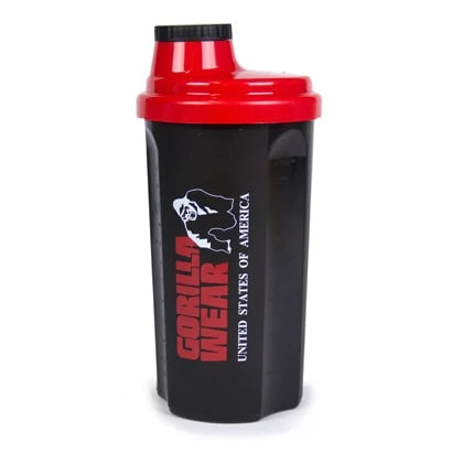 Gorilla Wear Shaker 700 ml i svart plast med rött lock och logotyp för blandning av träningsdrycker., bild 1 av 1