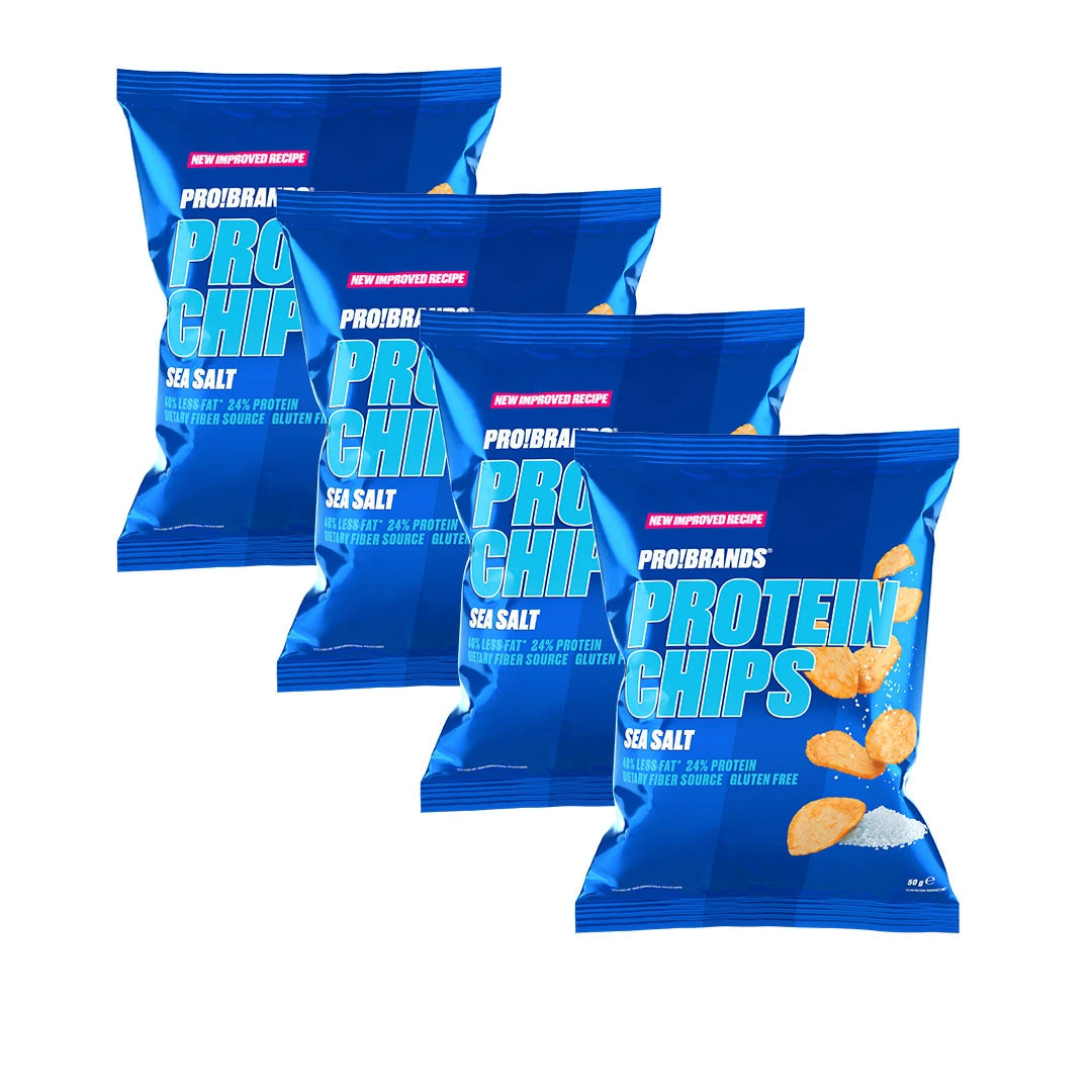 4 x Pro Brands Protein Chips 50 g bestående av fyra blå påsar i smaken Sea Salt.