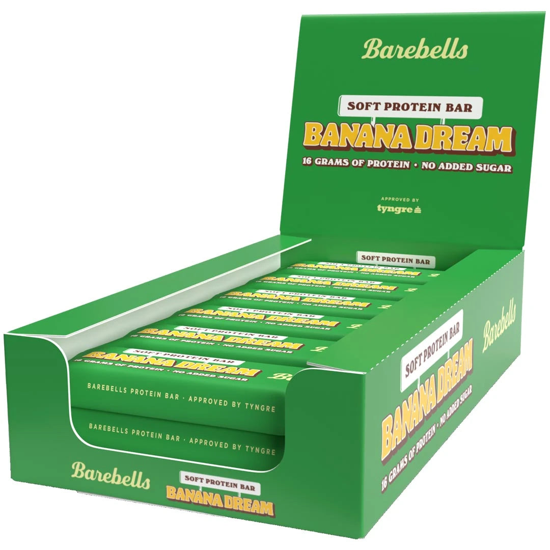 12 x Barebells Soft Bar 55 g Banana Dream förpackade i en grön displaykartong., bild 1 av 1