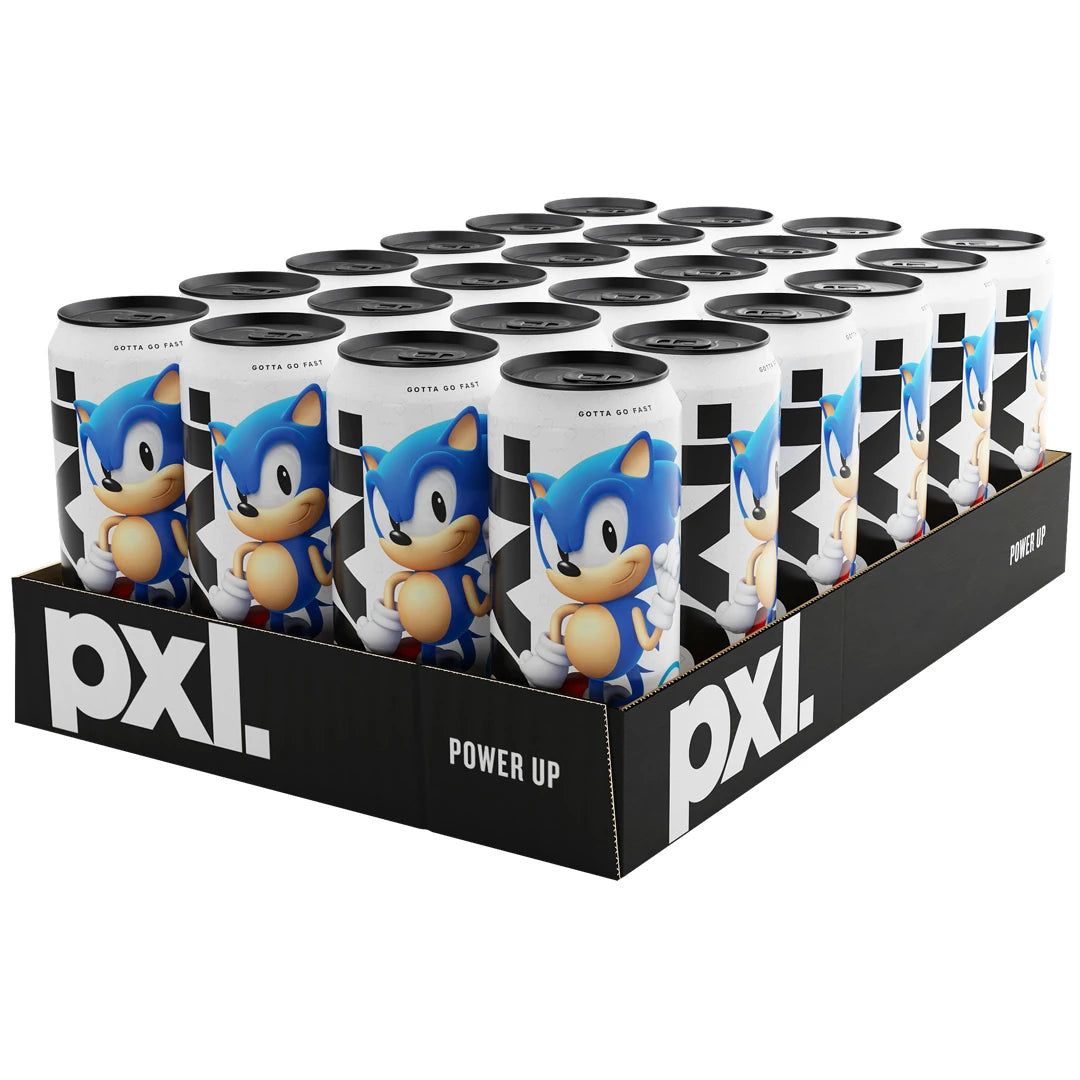 24 x PXL Energy 500 ml Sonic Cola i ett svart flak med vita burkar prydda med blått Sonic-motiv., bild 1 av 1