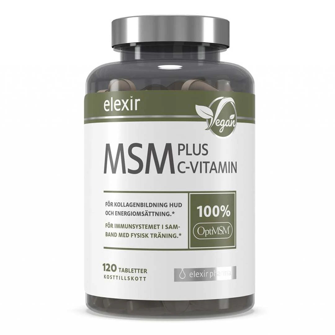 Elexir Pharma MSM + C Vitamin 120 tabs i en transparent burk med vit etikett, gröna detaljer och silverfärgat lock., bild 1 av 1