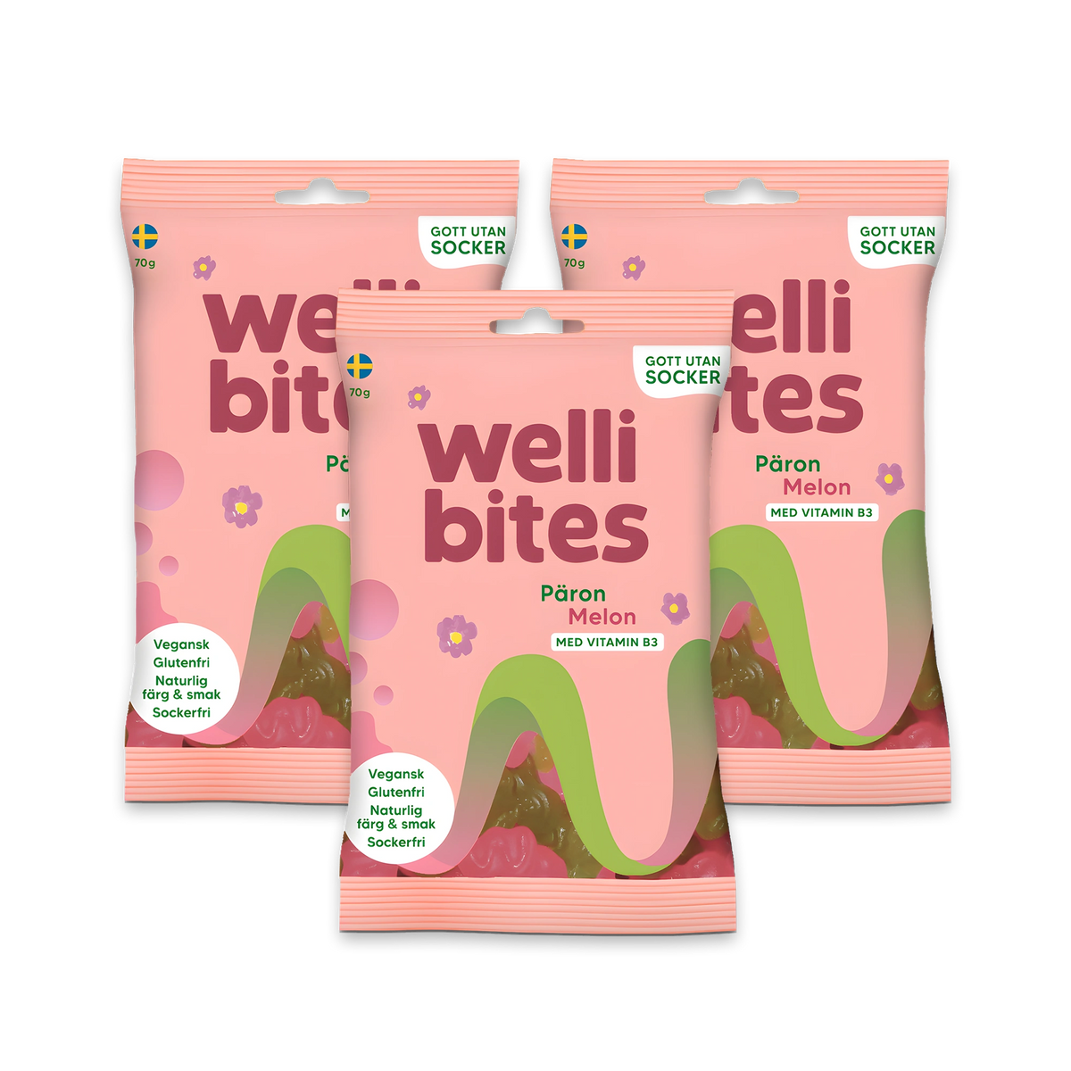 3 x Wellibites Candy 70 g Päron & Melon i tre rosa godispåsar dekorerade med en färgstark regnbåge.