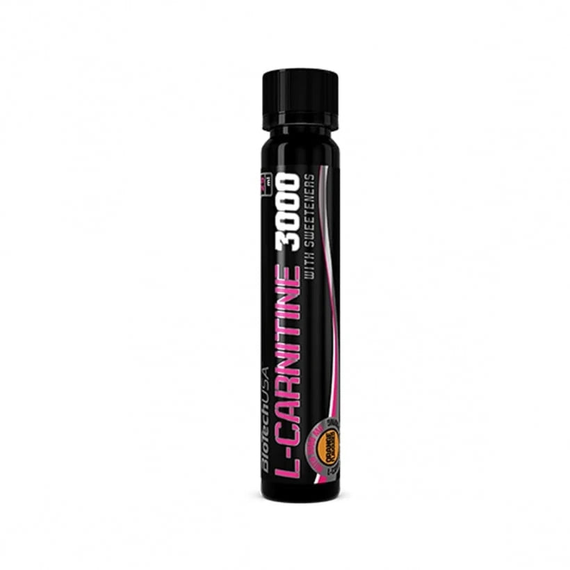 BioTechUSA L-Carnitine 3000 25 ml aminosyrashot i en svart ampull med rosa text och orange smakdetaljer.