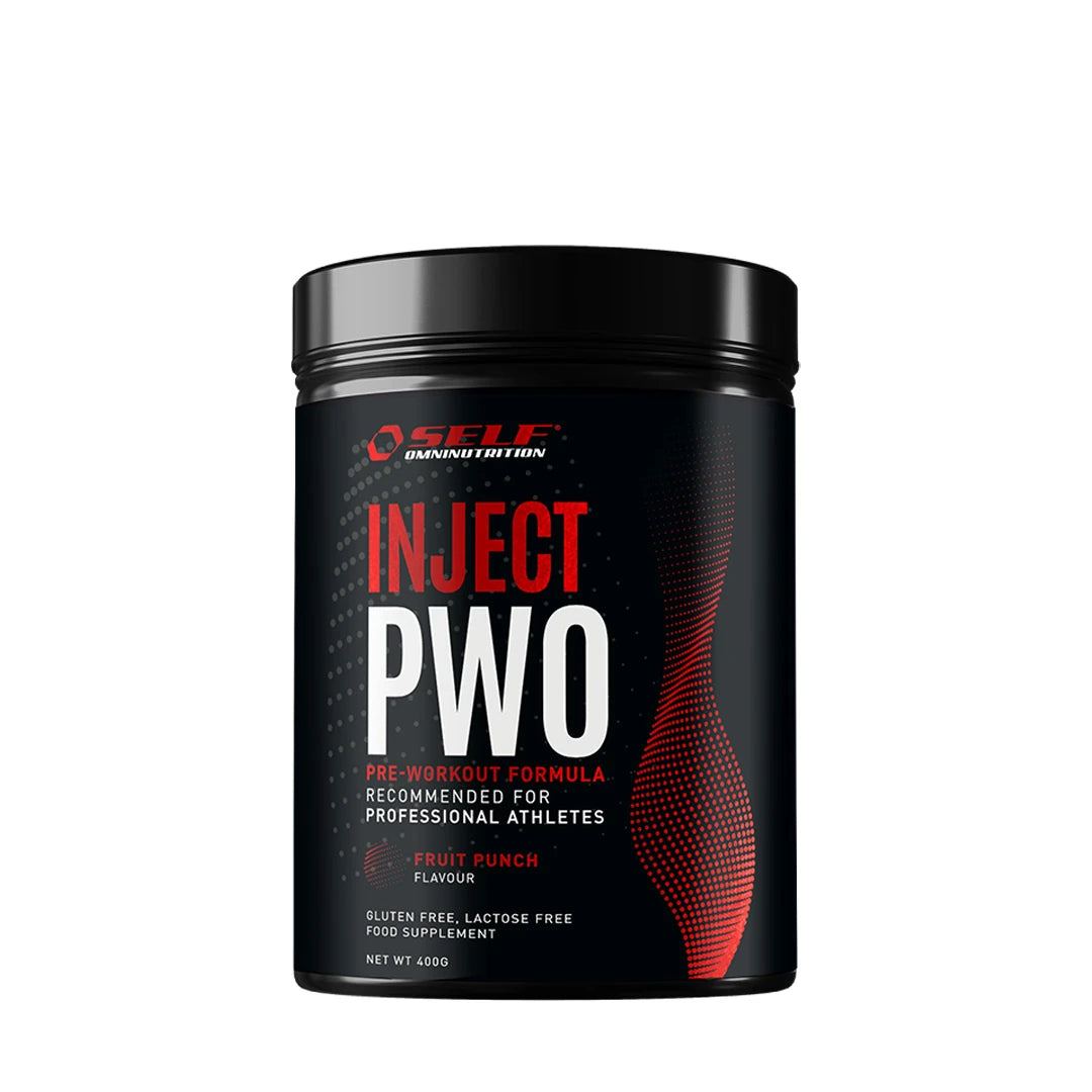 Self Omninutrition Inject 400 g PWO-pulver i en svart burk med röda detaljer och smaken Fruit Punch., bild 1 av 1