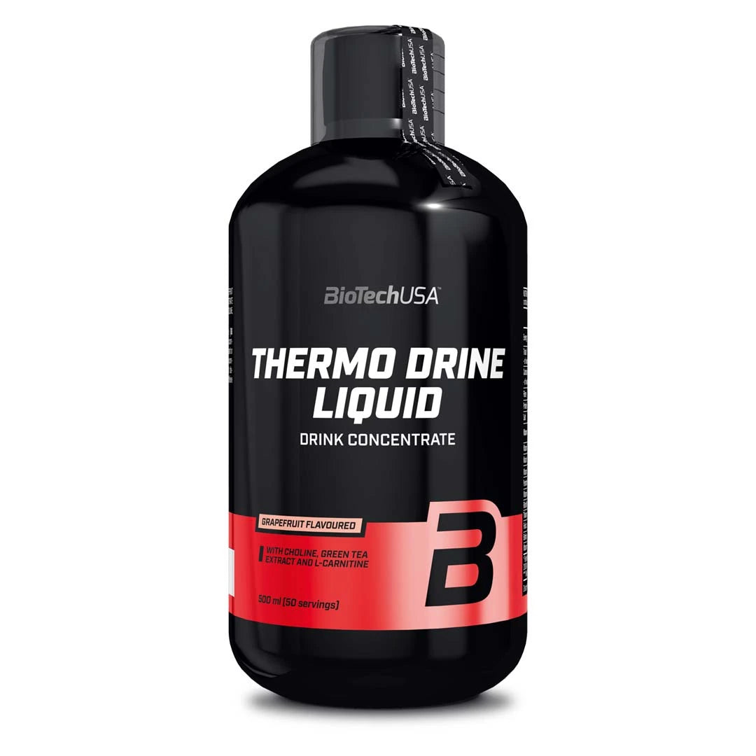 BioTechUSA Thermo Drine Liquid 500 ml fettförbrännare i en svart flaska med röda detaljer för smaken grapefrukt., bild 1 av 1