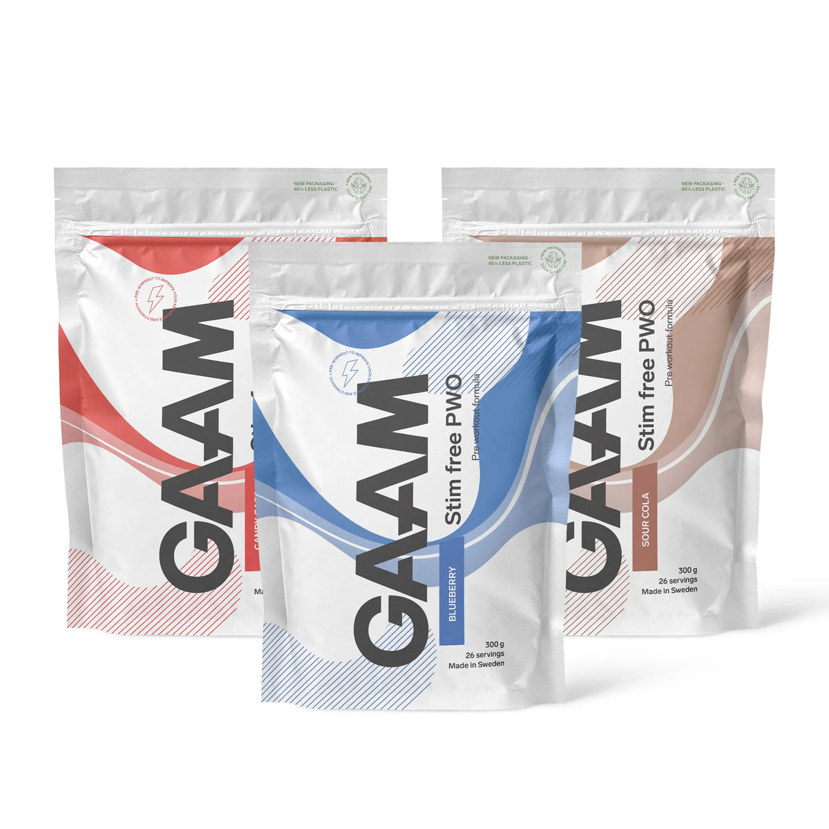 3 x GAAM Stim Free PWO 300 g i tre vita påsar med blå, röda och bruna detaljer för olika smaker., bild 1 av 1