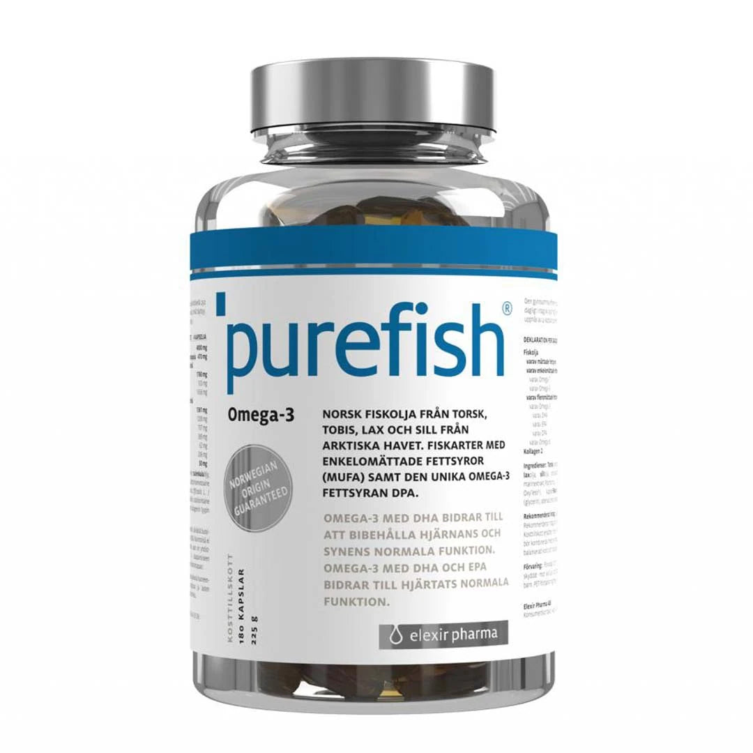 Elexir Pharma Pure Fish 180 caps i en transparent burk med silverlock, vit-blå etikett och gyllene omega-3-kapslar., bild 1 av 1