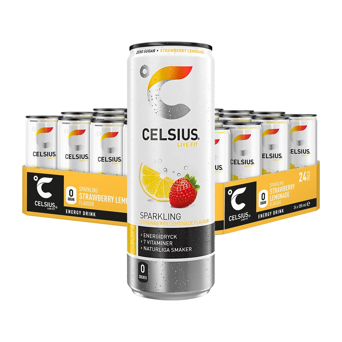 24 x Celsius 355 ml Strawberry Lemonade i ett gult flak med vita burkar och frukttryck för energidryck.