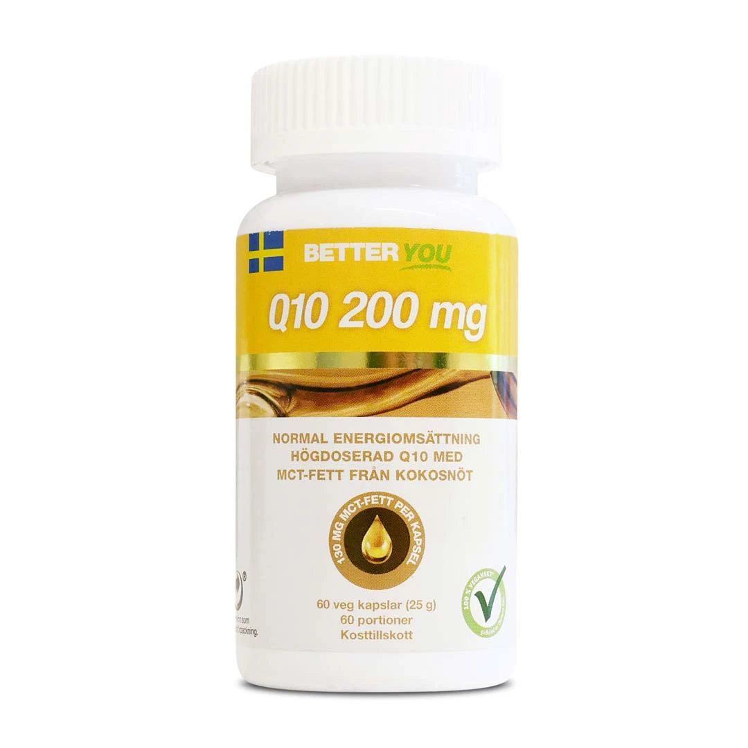 Better You Q10 200 mg 60 caps kosttillskott i en vit plastburk med gul och brun etikett., bild 1 av 1