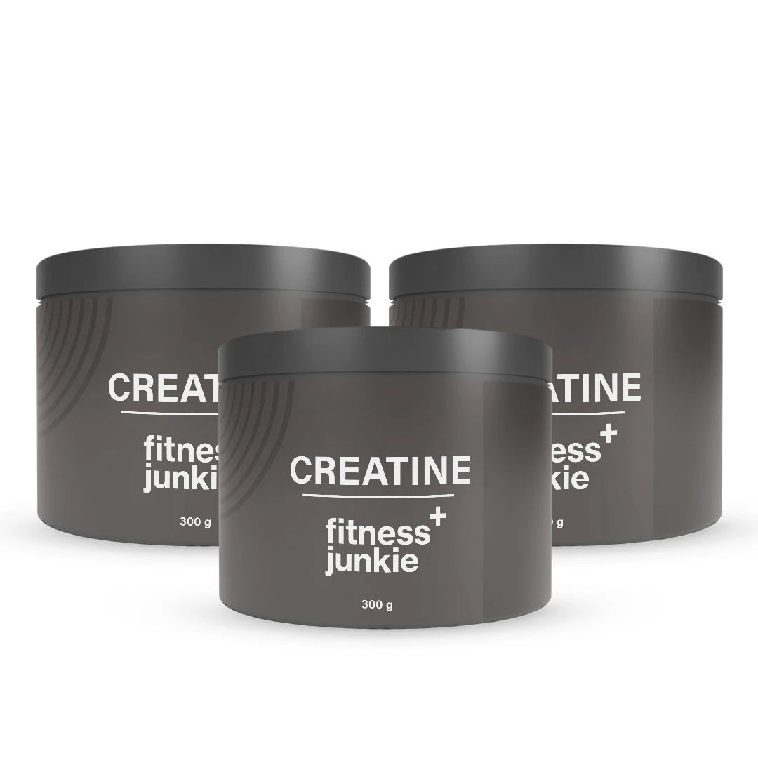 3 x fitnessjunkie Creatine 300 g Kreatin i tre mörkgrå burkar med vit text., bild 1 av 1