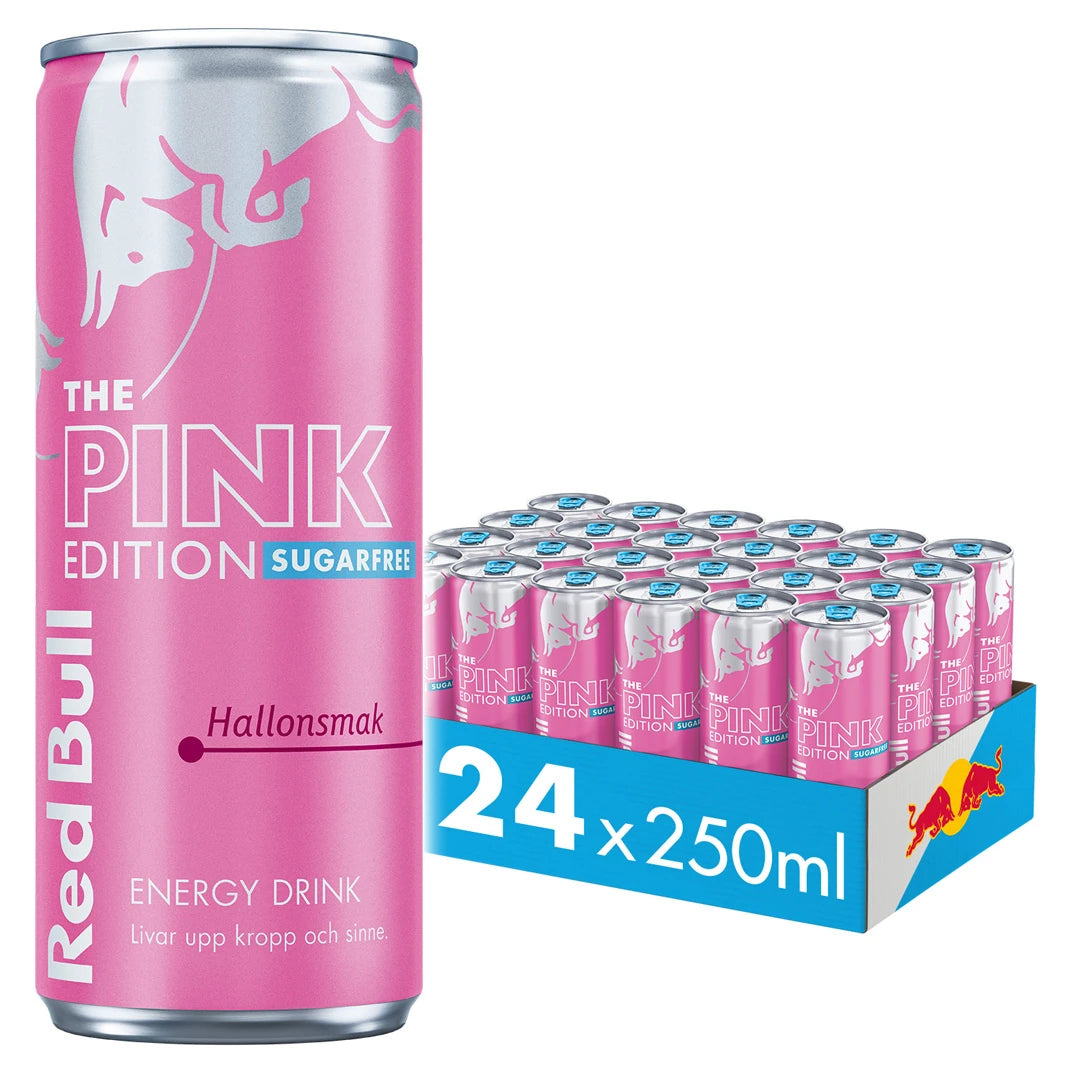 24 x Red Bull Energidryck 250 ml Pink Edition - Hallon (Sockerfri) i ett blått flak med rosa burkar med silvriga detaljer., bild 1 av 1