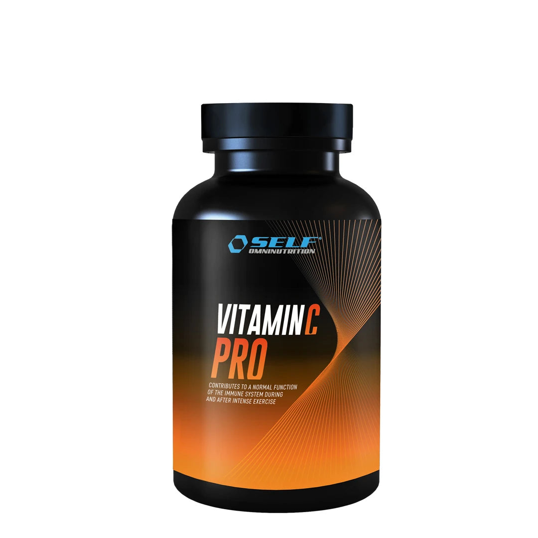 Self Omninutrition Vitamin C PRO 100 Tabs, kosttillskott förpackat i en svart burk med orangea detaljer., bild 1 av 1