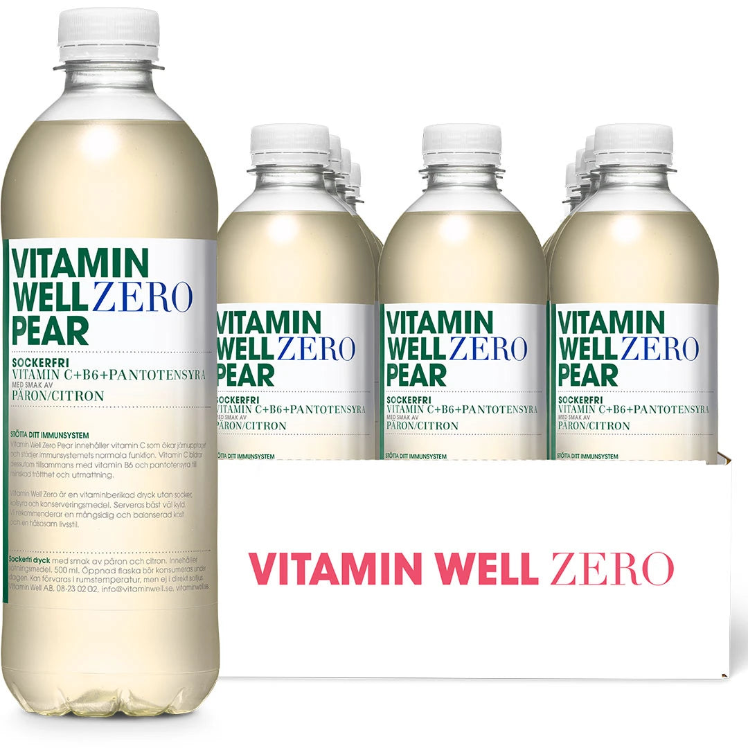 12 x Vitamin Well Zero 500 ml Pear i en vit kartong med genomskinliga flaskor med vita etiketter, grön och blå text., bild 1 av 1