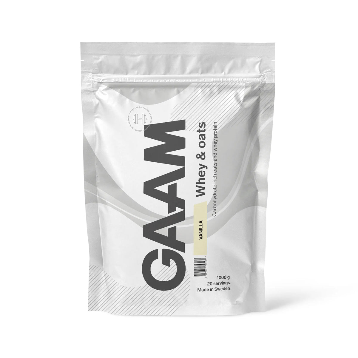 GAAM Whey &amp; Oats 1 kg proteinpulver i en vit påse med ljusgula detaljer för smaken vanilj., bild 2 av 2