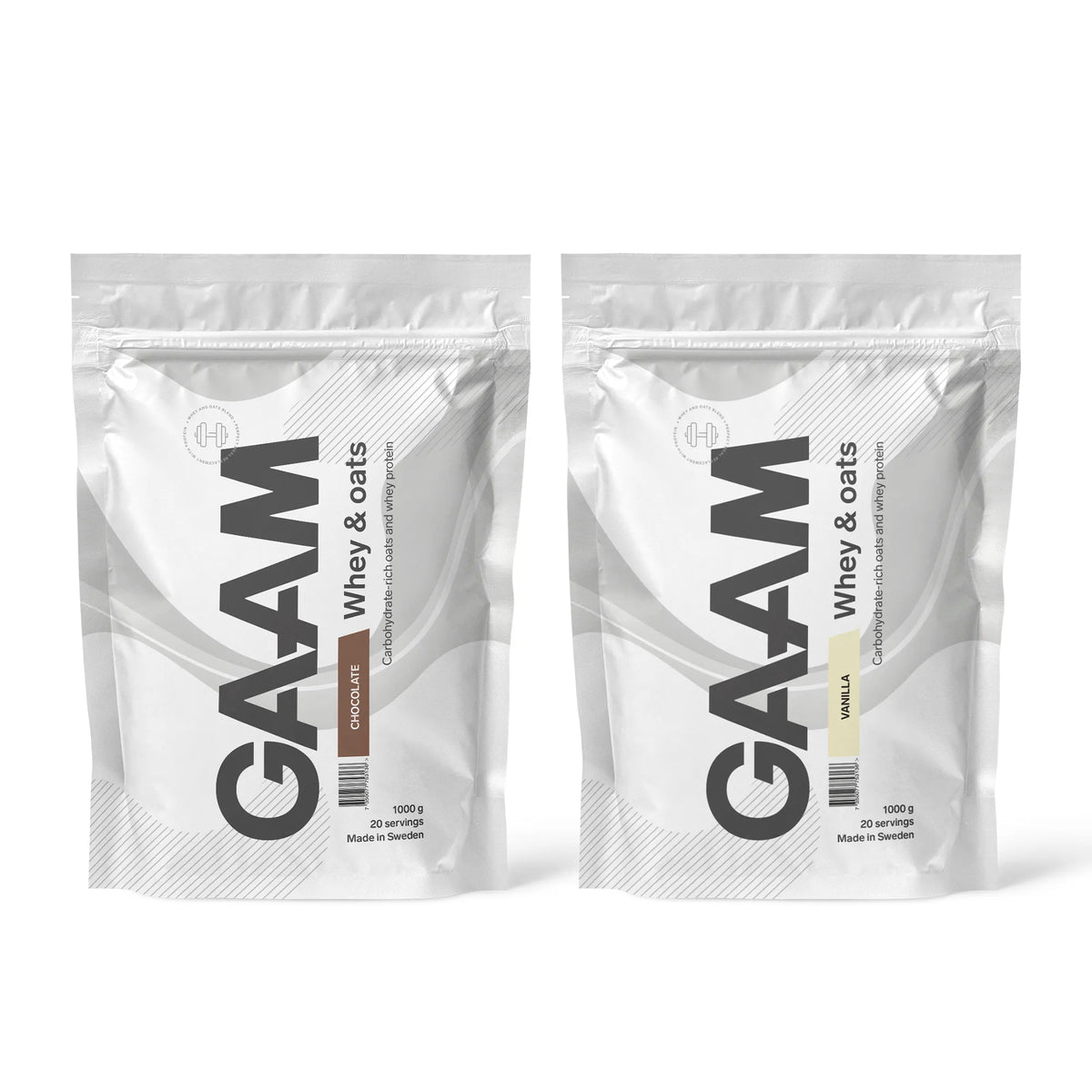 2 x GAAM Whey & Oats 1 kg proteinpulver i två vita påsar för smakerna Chocolate och Vanilla.