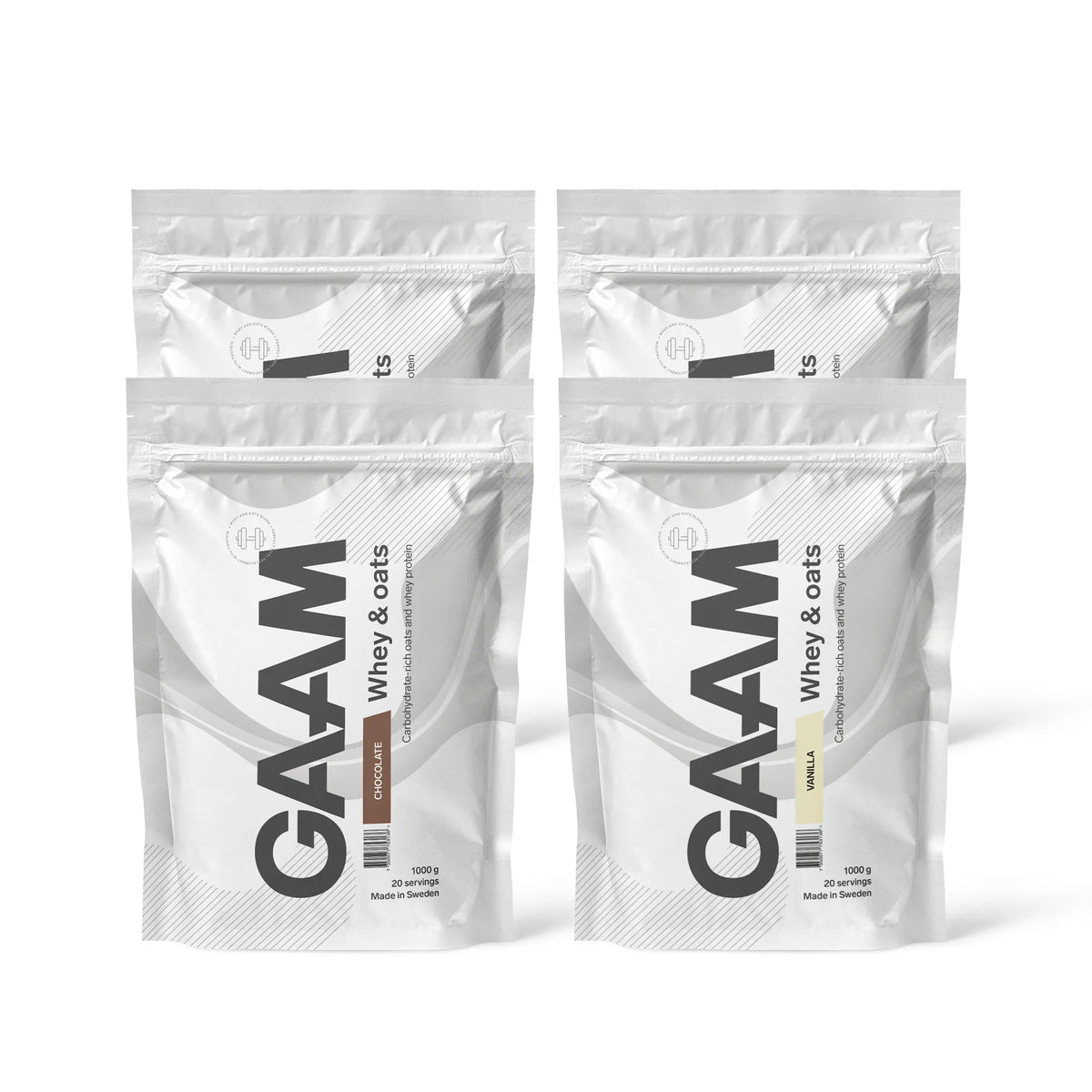 4 x GAAM Whey &amp; Oats 1 kg proteinpulver i fyra vita påsar, varav två med chokladsmak och två med vaniljsmak., bild 1 av 1