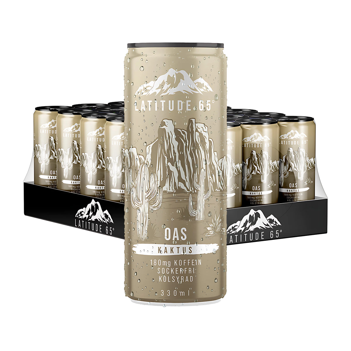 24 x Latitude 65 330 ml Oas - Kaktus i ett helt flak med beige burkar prydda med kaktusmotiv.