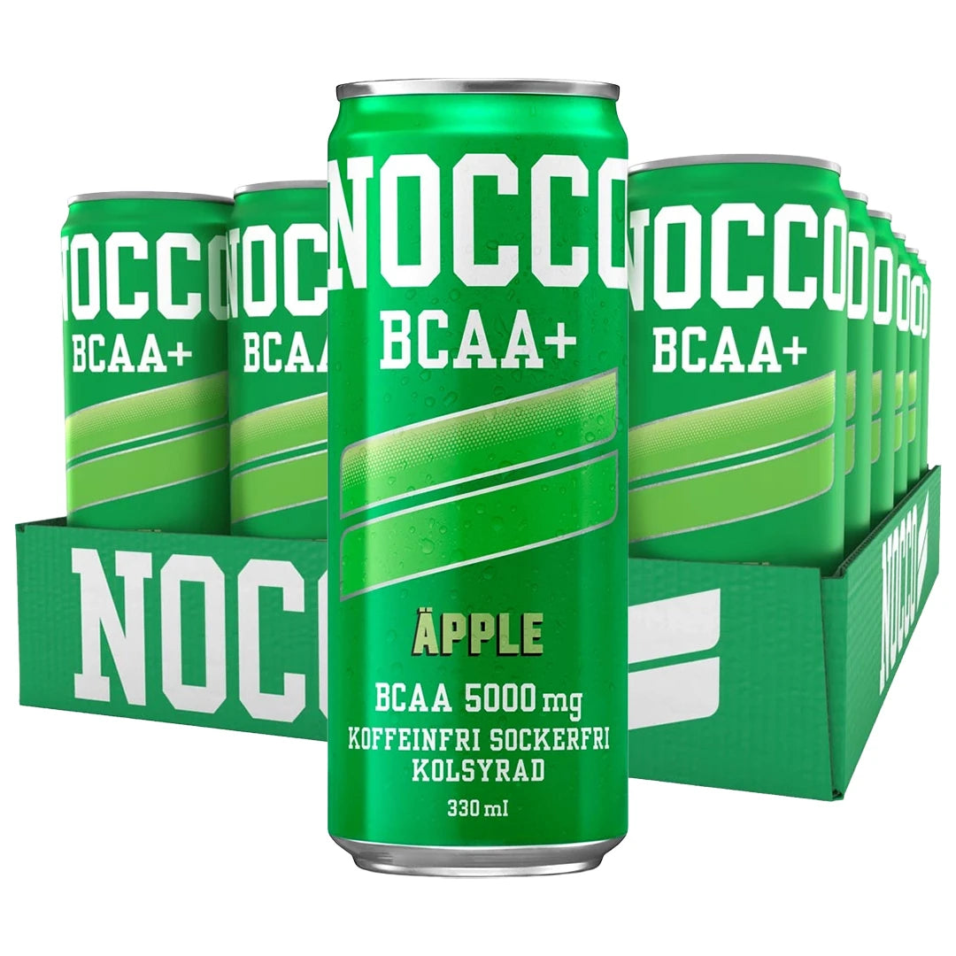 24 x NOCCO BCAA + 330 ml Äpple (Koffeinfri) i ett grönt flak med matchande gröna burkar och vit text för äppelsmak., bild 1 av 1