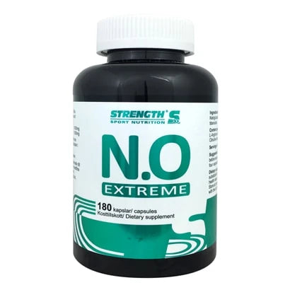 Svart plastburk med Strength N.O Extreme 180 caps prestationshöjare och grönvit etikett., bild 1 av 1