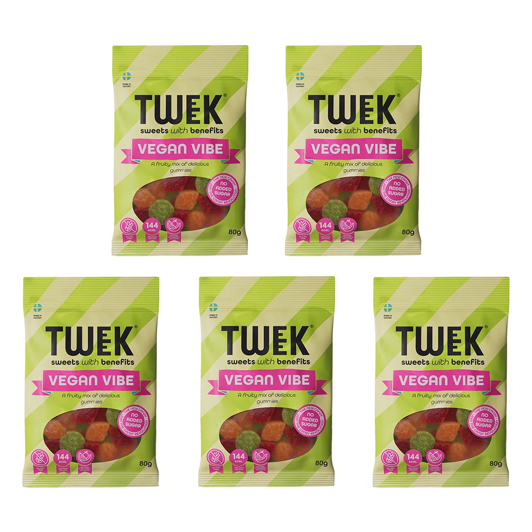 5 x Tweek Sweets 80 g Vegan Vibe i form av fem ljusgröna godispåsar med rosa detaljer och färgglada vingummin., bild 1 av 1