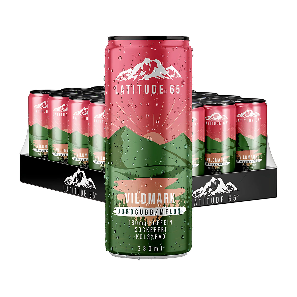 24 x Latitude 65 330 ml Vildmark - Jordgubb &amp; Melon kolsyrad dryck i ett flak med en daggvåt rosa och grön burk i förgrunden., bild 1 av 1