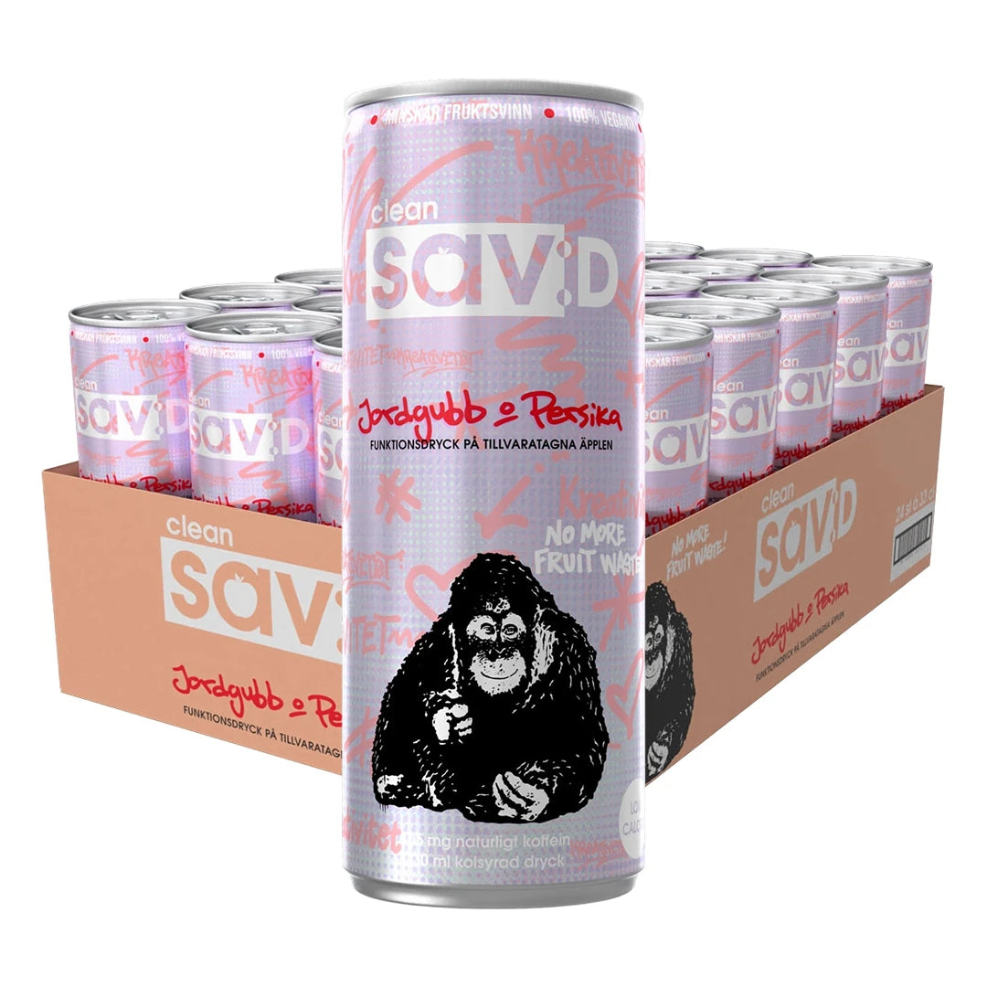 24 x Clean Sav:D 330 ml Kreativ - Jordgubb/Persika i ett ljusbrunt flak fyllt med rosa burkar med en svart apillustration., bild 1 av 1