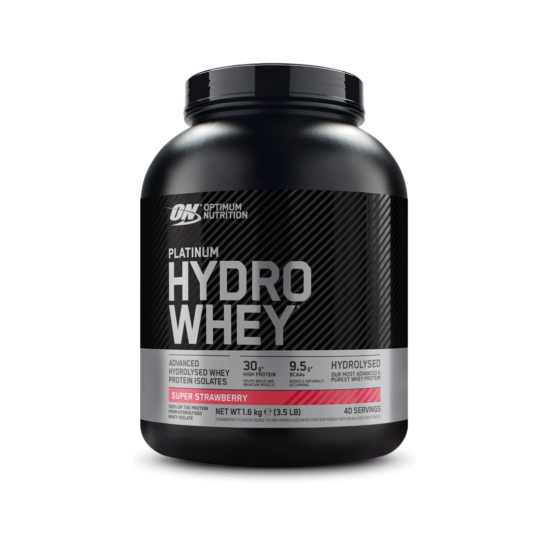 Optimum Nutrition Platinum Hydro Whey 1.6 kg proteinpulver i en svart burk för smaken Supercharged Strawberry., bild 1 av 3