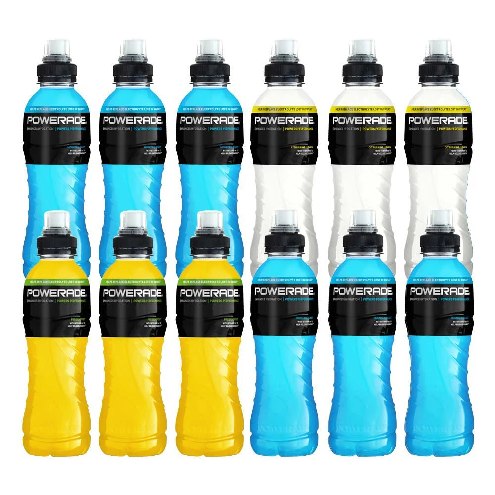 12 x Powerade 500 ml Mixflak med tolv sportflaskor i plast i blått, vitt, gult och ljusblått., bild 1 av 1