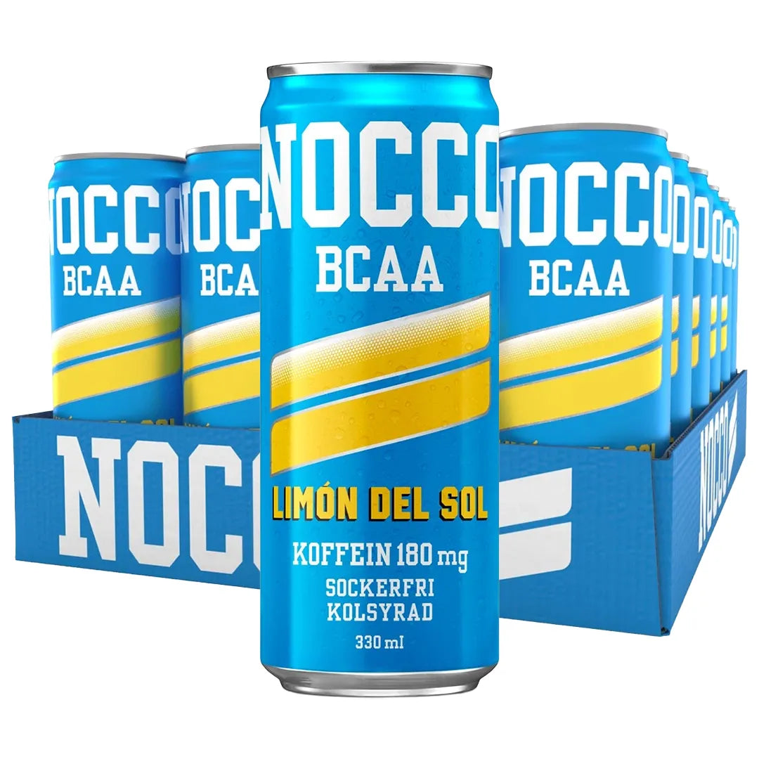 24 x NOCCO BCAA 330 ml Limon del Sol i ett blått flak med ljusblåa och gula burkar., bild 1 av 1