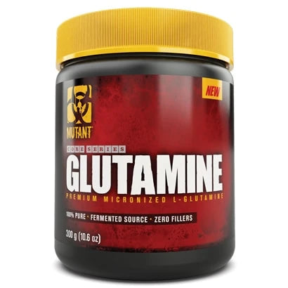 Mutant Nutrition Glutamine 300 g aminosyror i en svart burk med röd etikett och gult lock., bild 1 av 1