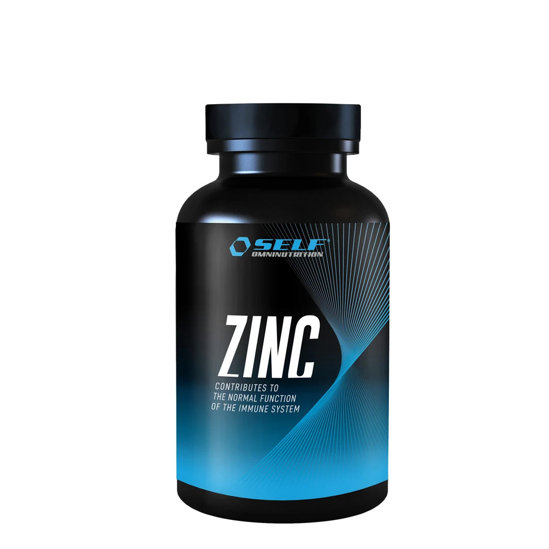 Self Omninutrition Zinc 100 caps zinktillskott i en stilren svart burk med blå detaljer., bild 1 av 1