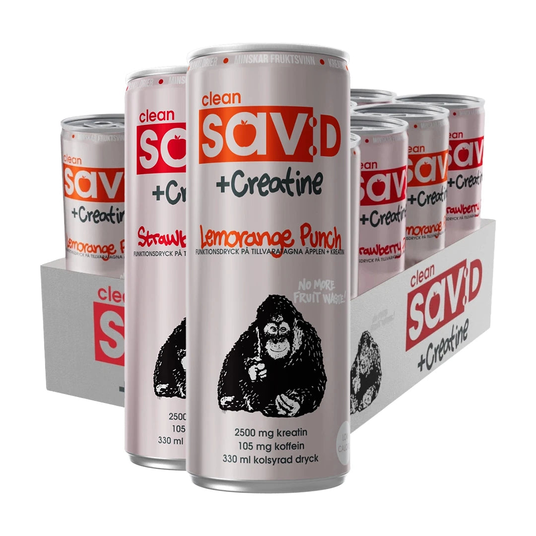 12 x Clean sav:D PLUS 330 ml Mixflak i en grå kartong med silvervita burkar, röd text och gorillamotiv för olika smaker., bild 1 av 1