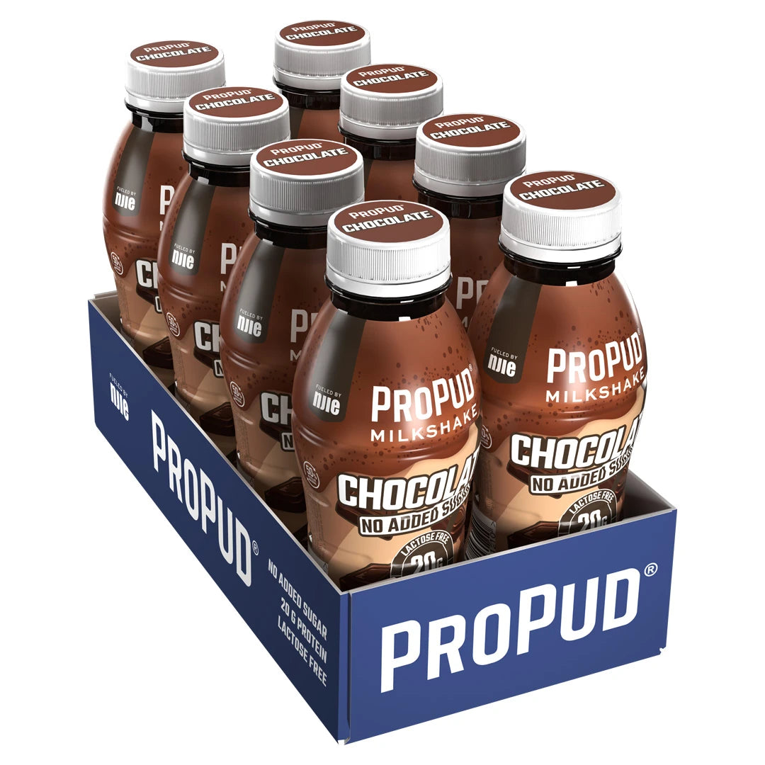 8 x NJIE ProPud Protein Milkshake 330 ml Chocolate i ett blått flak med bruna flaskor för smaken choklad., bild 1 av 1