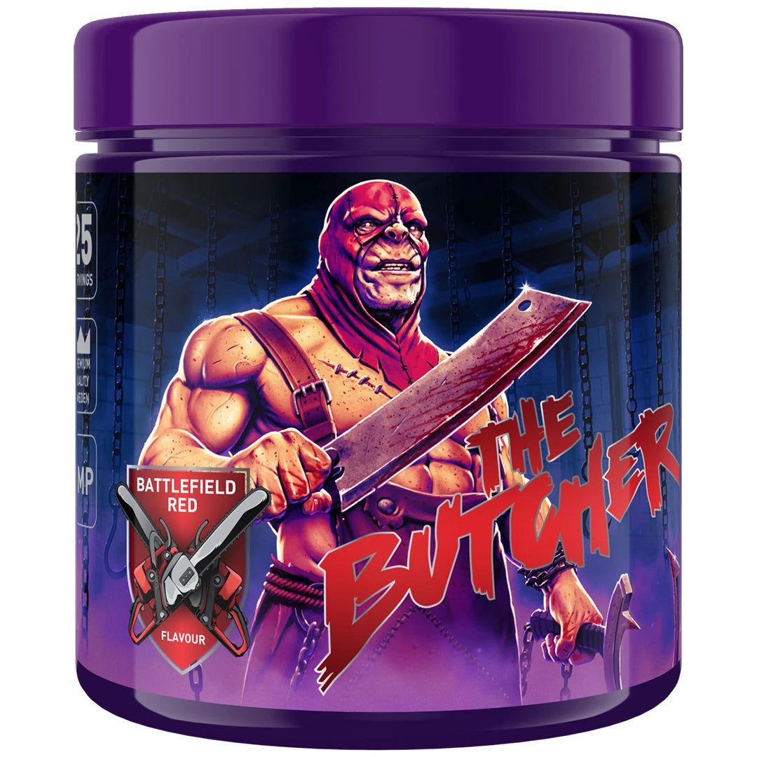 Swedish Supplements The Butcher 425 g pre-workout i en lila burk med en muskulös figur och smak av Battlefield Red., bild 1 av 5