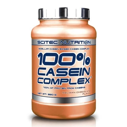 Scitec Nutrition 100% Casein Complex 2.35 kg kaseinprotein i en orange burk med silvrigt lock och belgian chocolate smak., bild 2 av 2