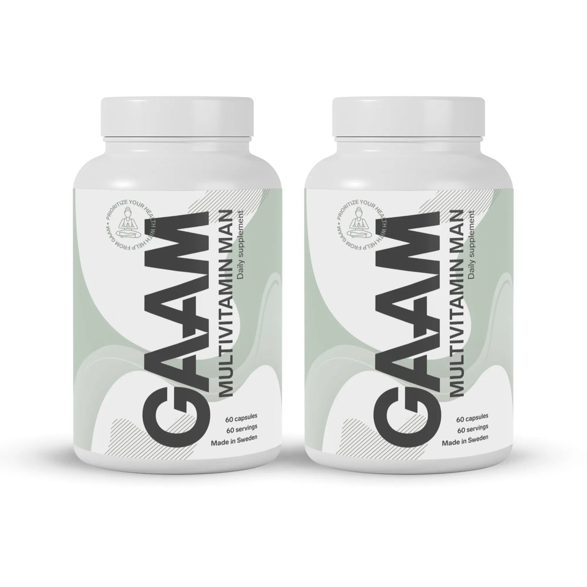 2 x GAAM Multivitamin Man 60 caps i två vita burkar med grå och ljusgröna detaljer på etiketten.