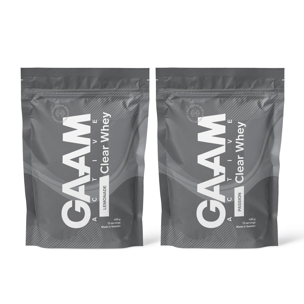 2 x GAAM Active Clear Whey Proteinpulver 400 g i två mörkgråa påsar för smakerna Lemonade och Passion., bild 1 av 1