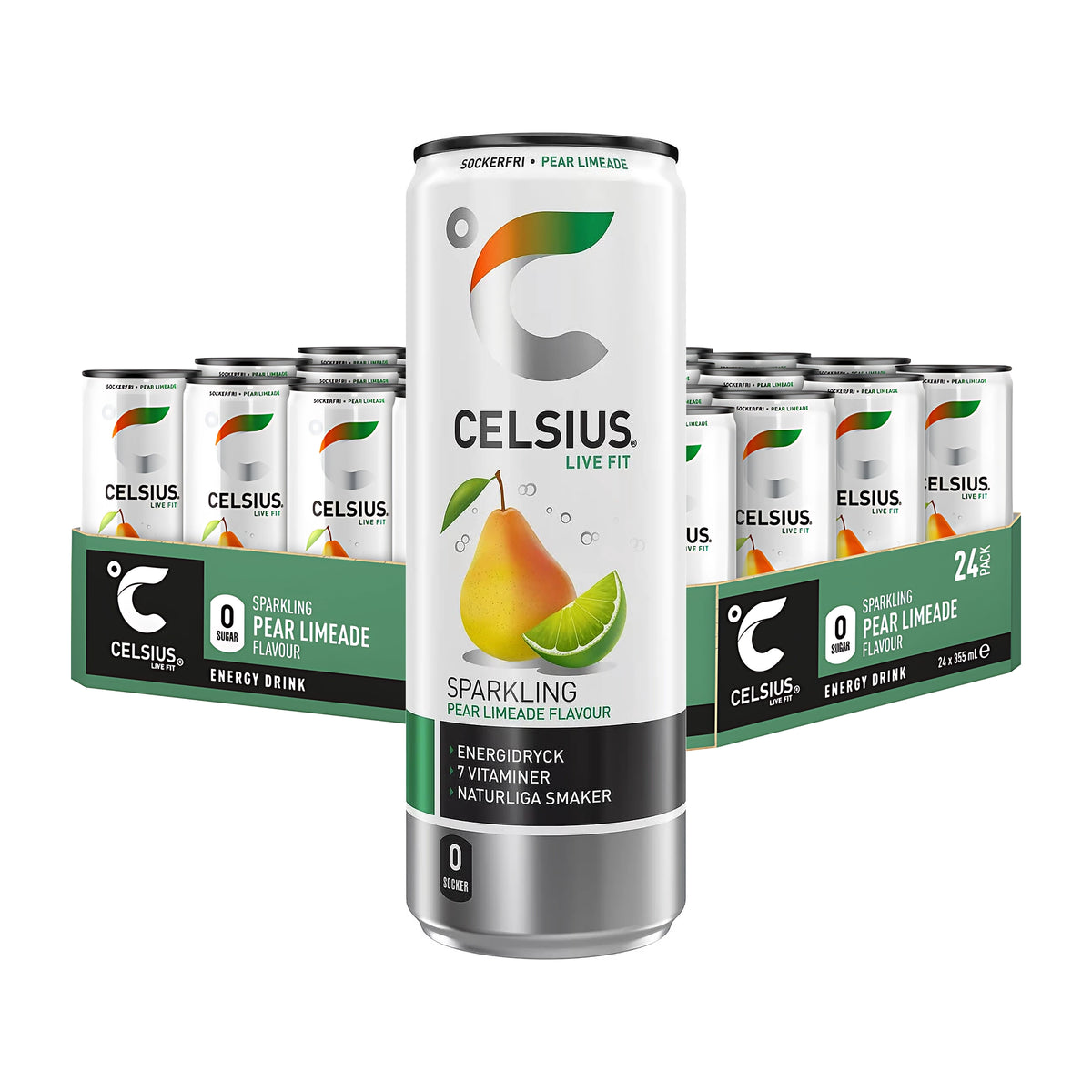24 x Celsius 355 ml Pear Limeade i ett grönt flak med vita energidrycksburkar med motiv av päron och lime., bild 1 av 1
