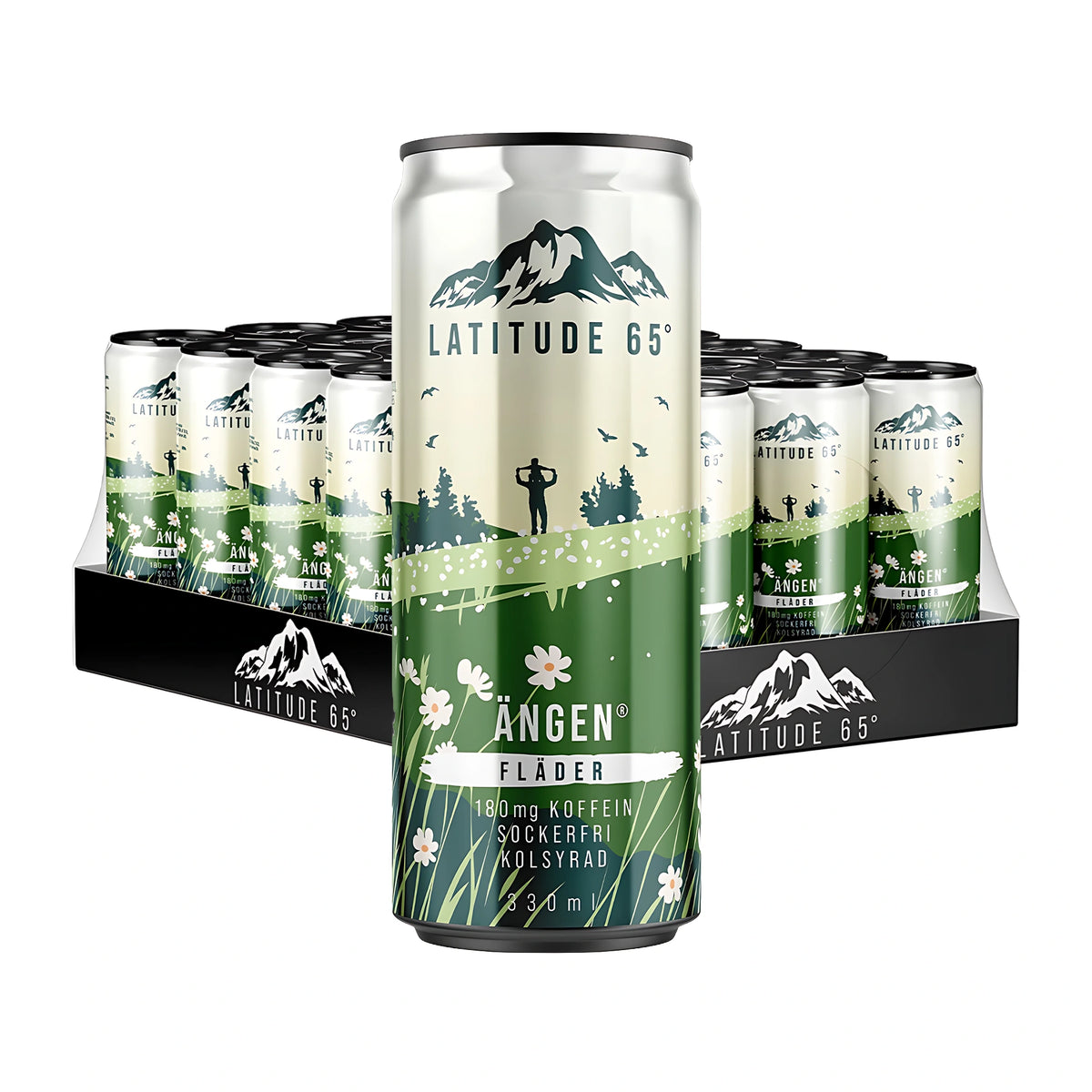 24 x Latitude 65 330 ml Ängen - Fläder i ett 24-pack flak med en stående burk i förgrunden i grön och vit design med naturmotiv., bild 1 av 1