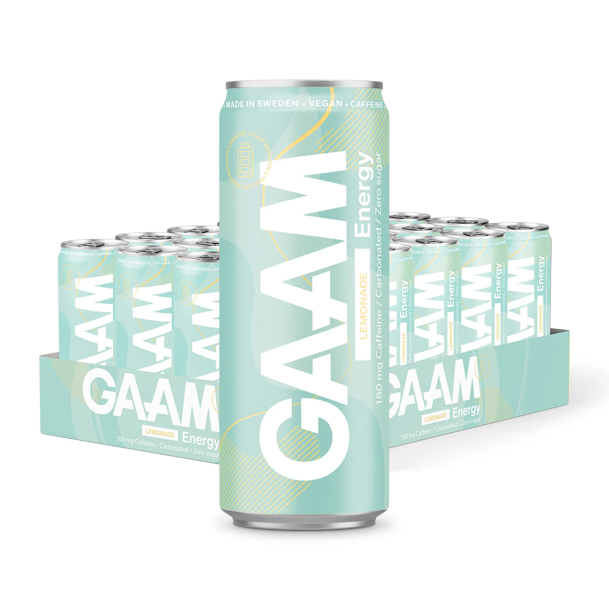 24 x GAAM Energy 330 ml Lemonade i ett ljusgrönt flak med burkar i matchande färg och vita detaljer., bild 1 av 1