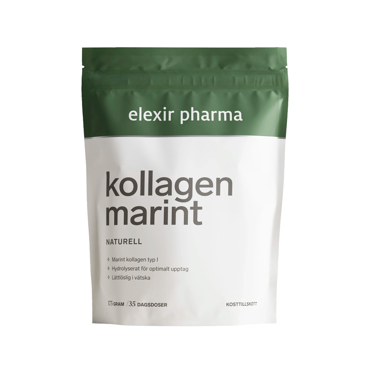 Elexir Pharma Marint Kollagen 175 g pulverförpackning i en vit påse med olivgröna detaljer., bild 1 av 1