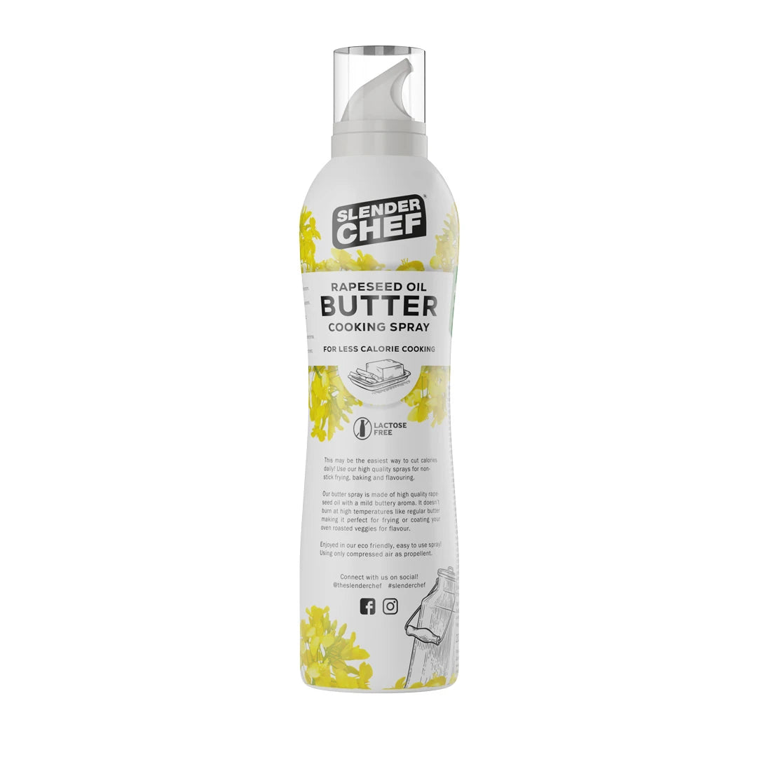 Slender Chef Cooking Spray 200 ml i smaken Butter Oil, en vit sprayflaska med gula detaljer för jämn och smidig stekning., bild 1 av 5