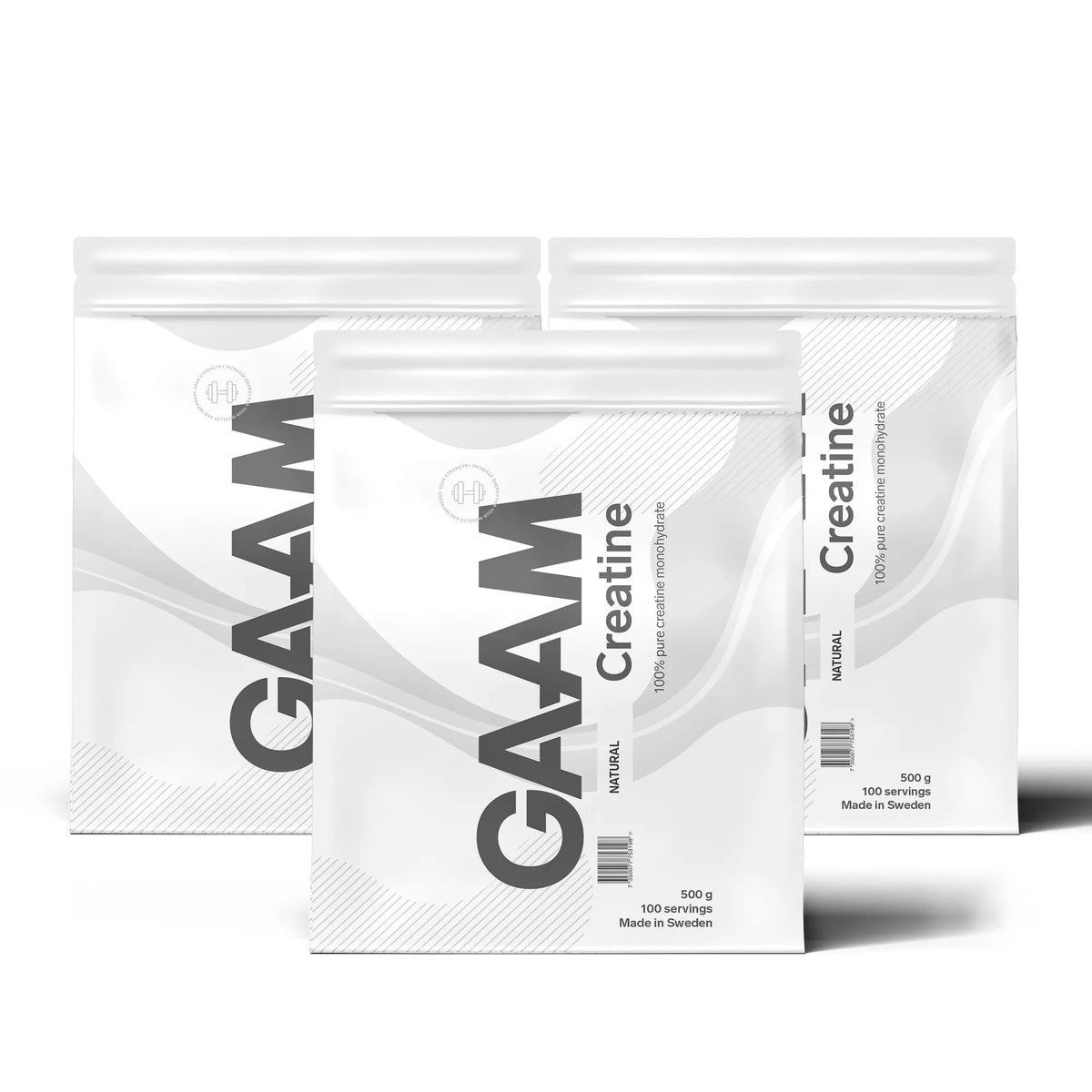 3 x GAAM Creatine Monohydrate 500 g i tre vita återförslutningsbara påsar med grå detaljer., bild 1 av 1