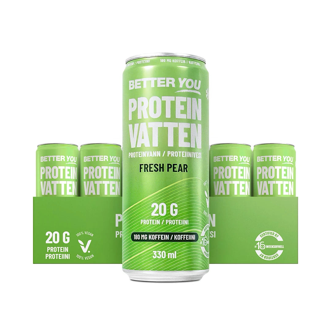 24 x Better You Proteinvatten 330 ml Fresh Pear i ett grönt flak med matchande burkar och vit text för päronsmak., bild 1 av 1