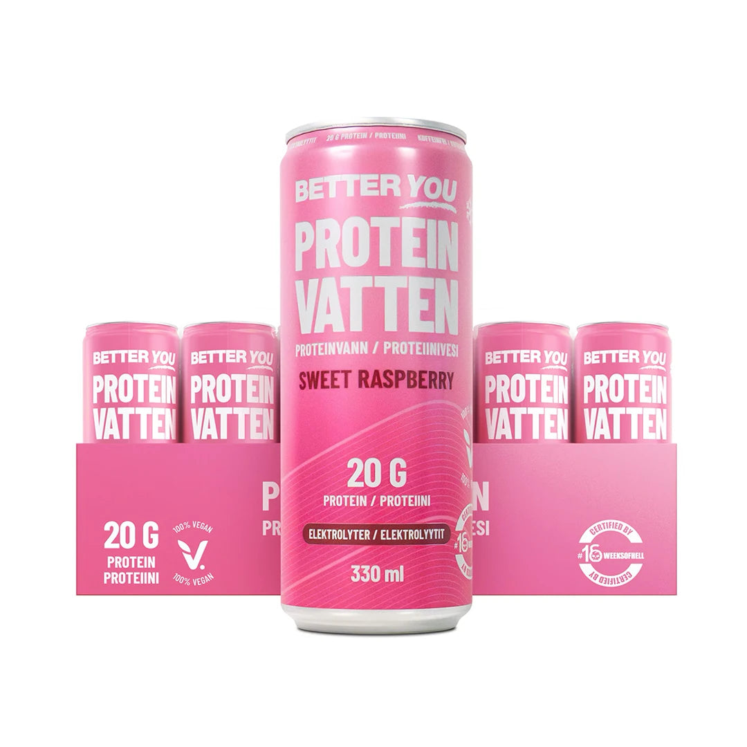 24 x Better You Proteinvatten 330 ml Sweet Raspberry i ett rosa flak med matchande rosa burkar för smak av hallon., bild 1 av 1